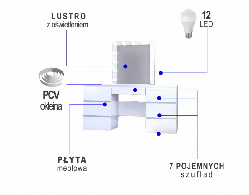 TOALETKA kosmetyczna BIAŁA z lustrem 12 LED BETI7 TABORET CZARNY - obrazek 4