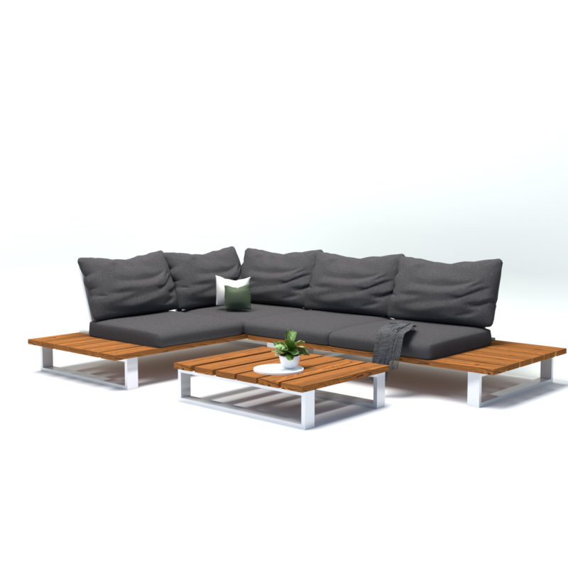 ZESTAW MEBLI OGRODOWYCH PREMIUM DREWNO TERMO + STOLIK + PODUSZKI / SOFA NA TARAS / METALOWE NOGI BIAŁE - obrazek 11