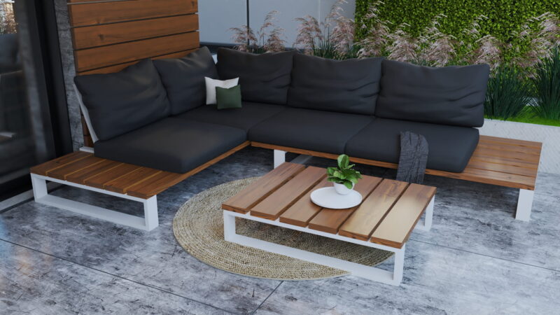ZESTAW MEBLI OGRODOWYCH PREMIUM DREWNO TERMO + STOLIK + PODUSZKI / SOFA NA TARAS / METALOWE NOGI BIAŁE - obrazek 5