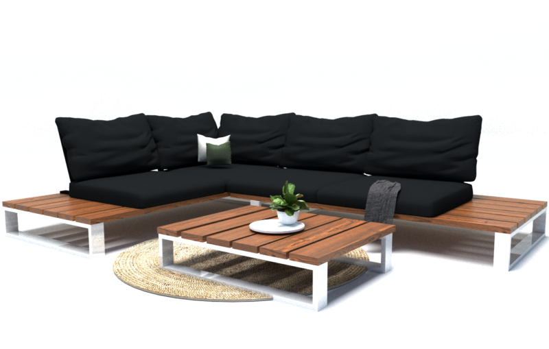 ZESTAW MEBLI OGRODOWYCH PREMIUM DREWNO TERMO + STOLIK + PODUSZKI / SOFA NA TARAS / METALOWE NOGI BIAŁE