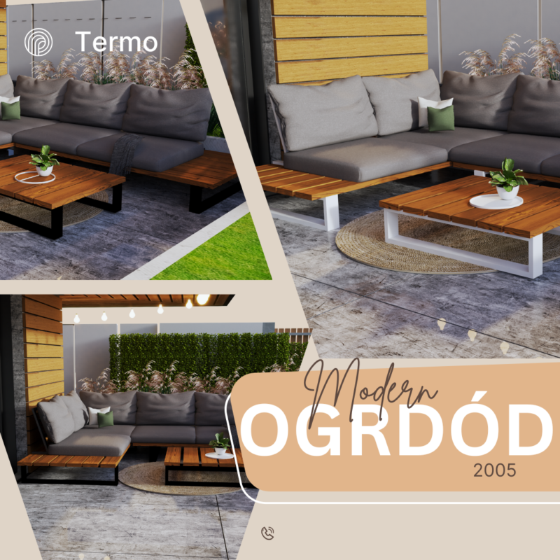 ZESTAW MEBLI OGRODOWYCH PREMIUM DREWNO TERMO + STOLIK + PODUSZKI / SOFA NA TARAS / METALOWE NOGI BIAŁE - obrazek 14