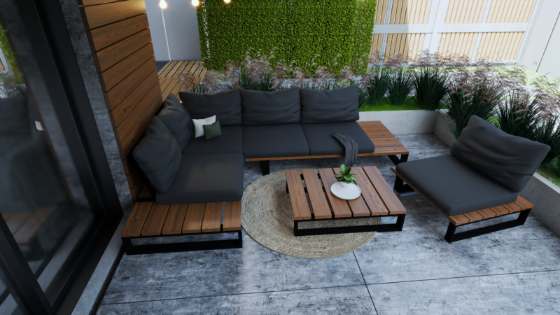 ZESTAW MEBLI OGRODOWYCH PREMIUM DREWNO TERMO + PODUSZKI / SOFA NA TARAS / METALOWE NOGI CZARNE - obrazek 4