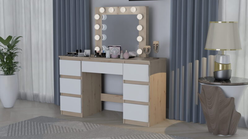 TOALETKA kosmetyczna z lustrem 12 LED wizaż BETI7 DĄB ARTISAN Biała - obrazek 4