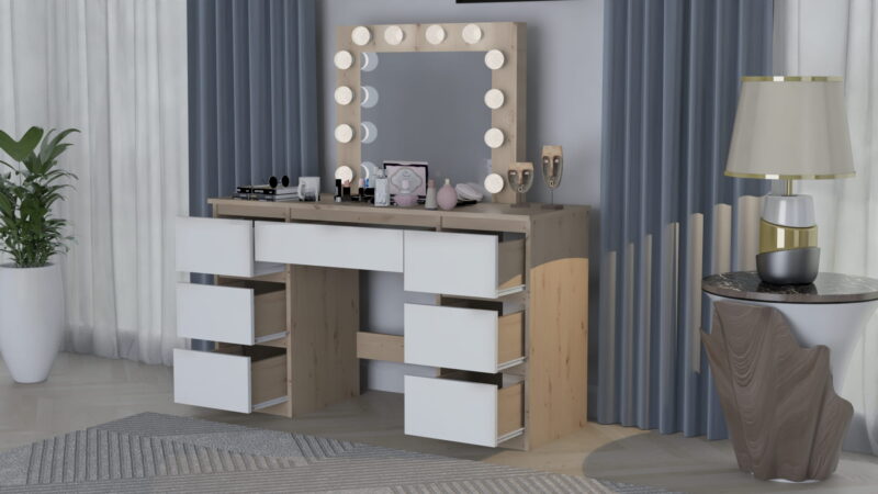 TOALETKA kosmetyczna z lustrem 12 LED wizaż BETI7 DĄB ARTISAN Biała - obrazek 2