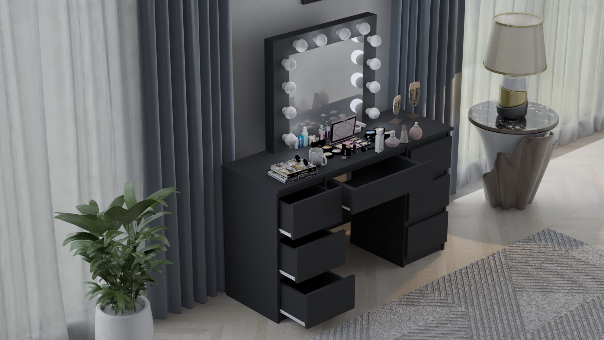 TOALETKA kosmetyczna CZARNA z lustrem 12 LED wizaż BETI7 - obrazek 4