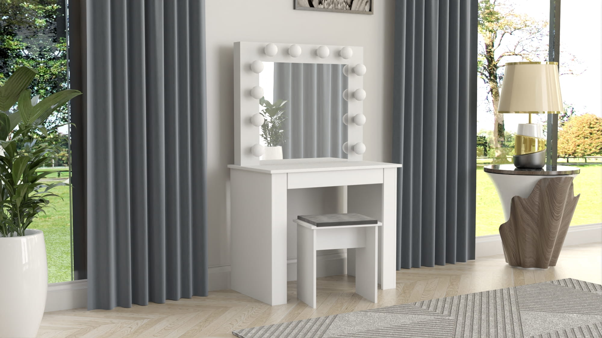 TOALETKA LUSTRO DO MAKIJAŻU WIZAŻU Z OŚWIETLENIEM 12X LED BETI1 Taboret tapicerowany - obrazek 2