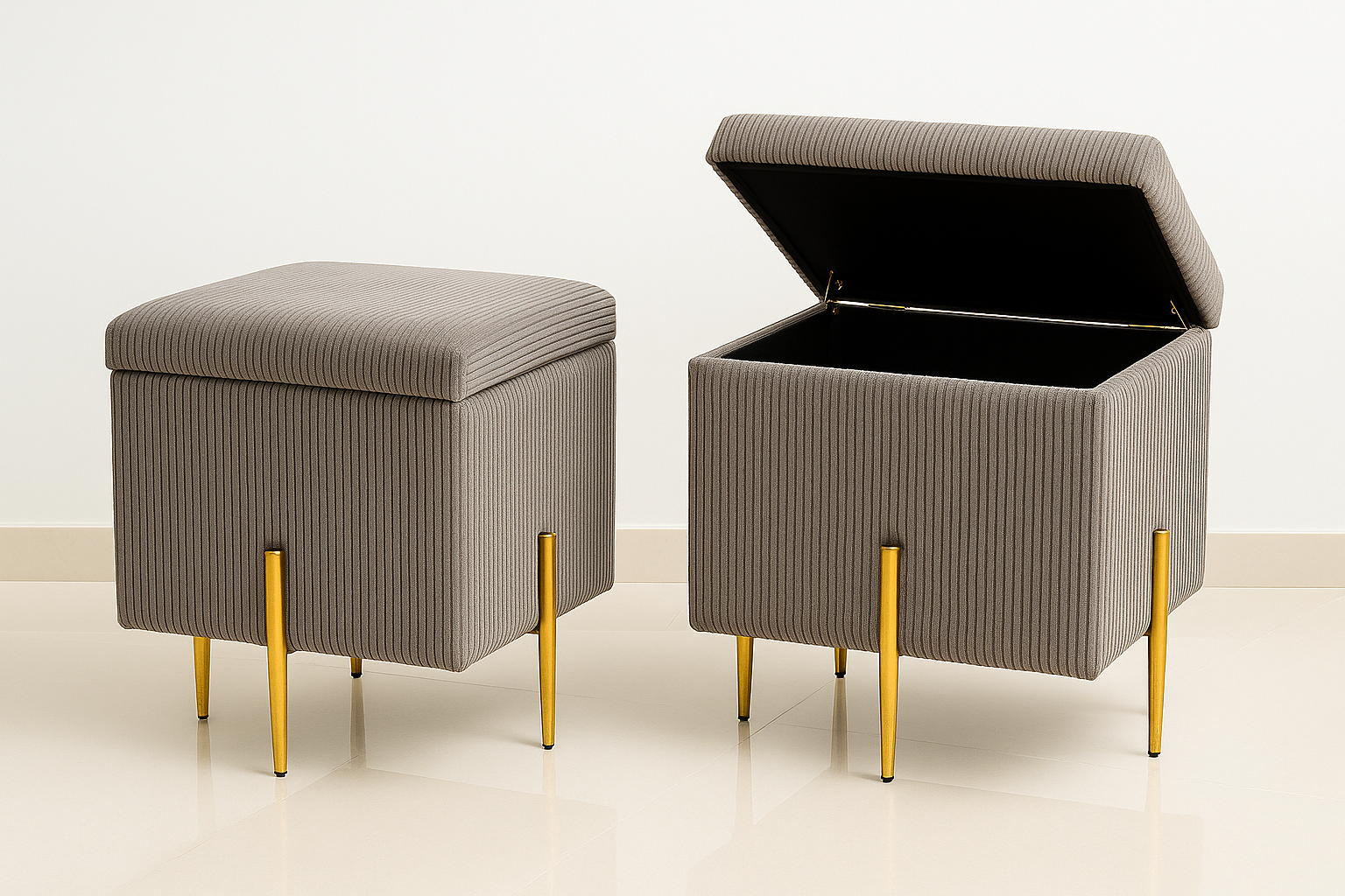Pufa SOX otwierana ze schowkiem welurowa kufer tapicerowany glamour na złotych nogach do salonu i sypialni SZARY - obrazek 5
