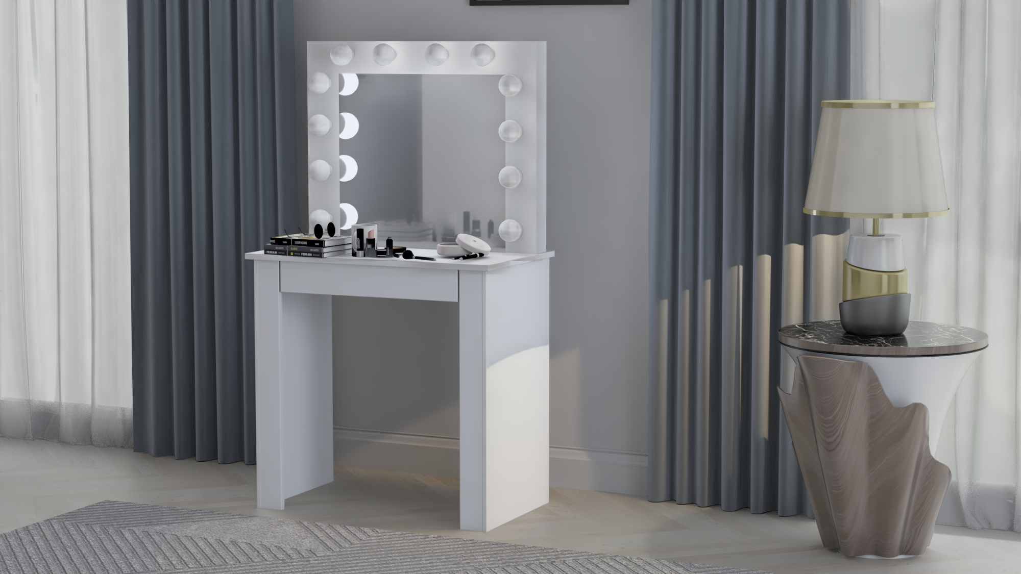 TOALETKA LUSTRO DO MAKIJAŻU WIZAŻU Z OŚWIETLENIEM 12X LED BETI1 Taboret tapicerowany - obrazek 6