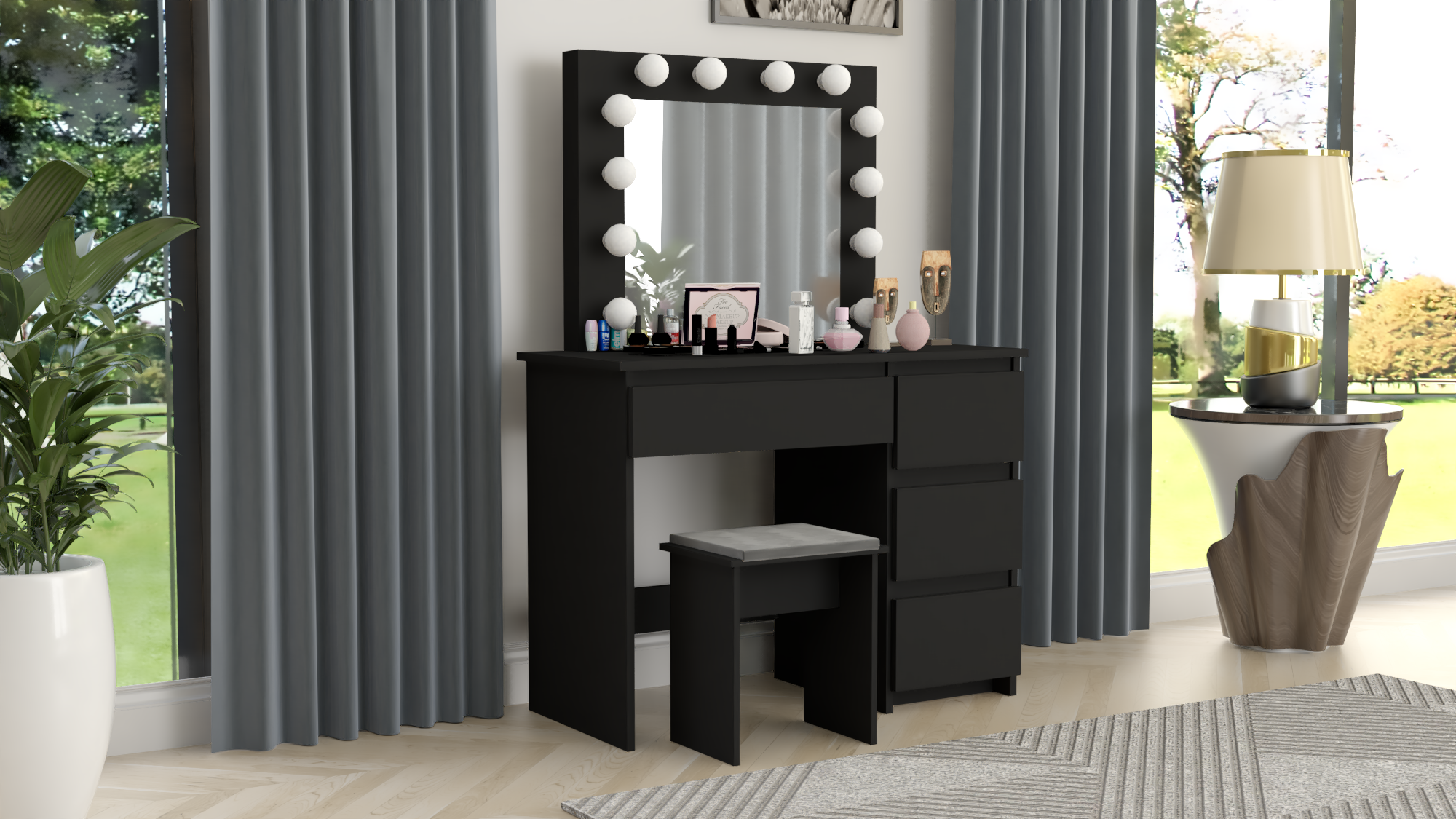 TOALETKA kosmetyczna LUSTRO 12 LED TABORET tapicerowany CZARNY - obrazek 2