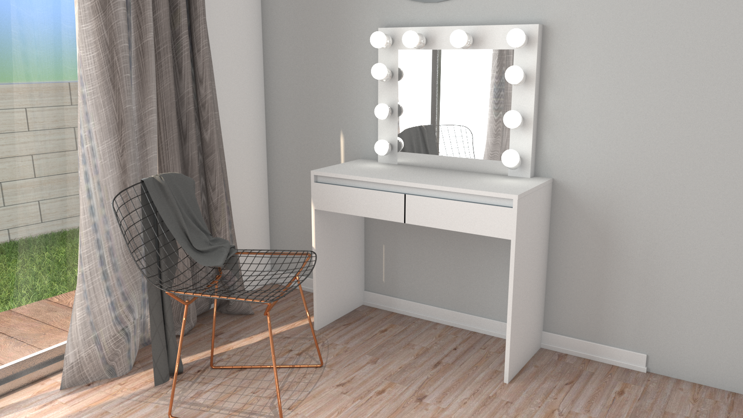 TOALETKA DO MAKIJAŻU Z LUSTREM OŚWIETLENIEM LED SZUFLADY TABORET ZESTAW - obrazek 9