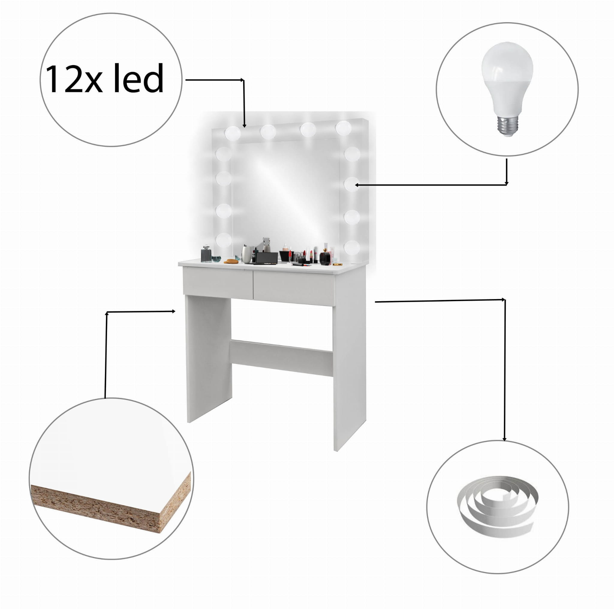 TOALETKA DO MAKIJAŻU Z LUSTREM OŚWIETLENIEM LED SZUFLADY TABORET ZESTAW - obrazek 12