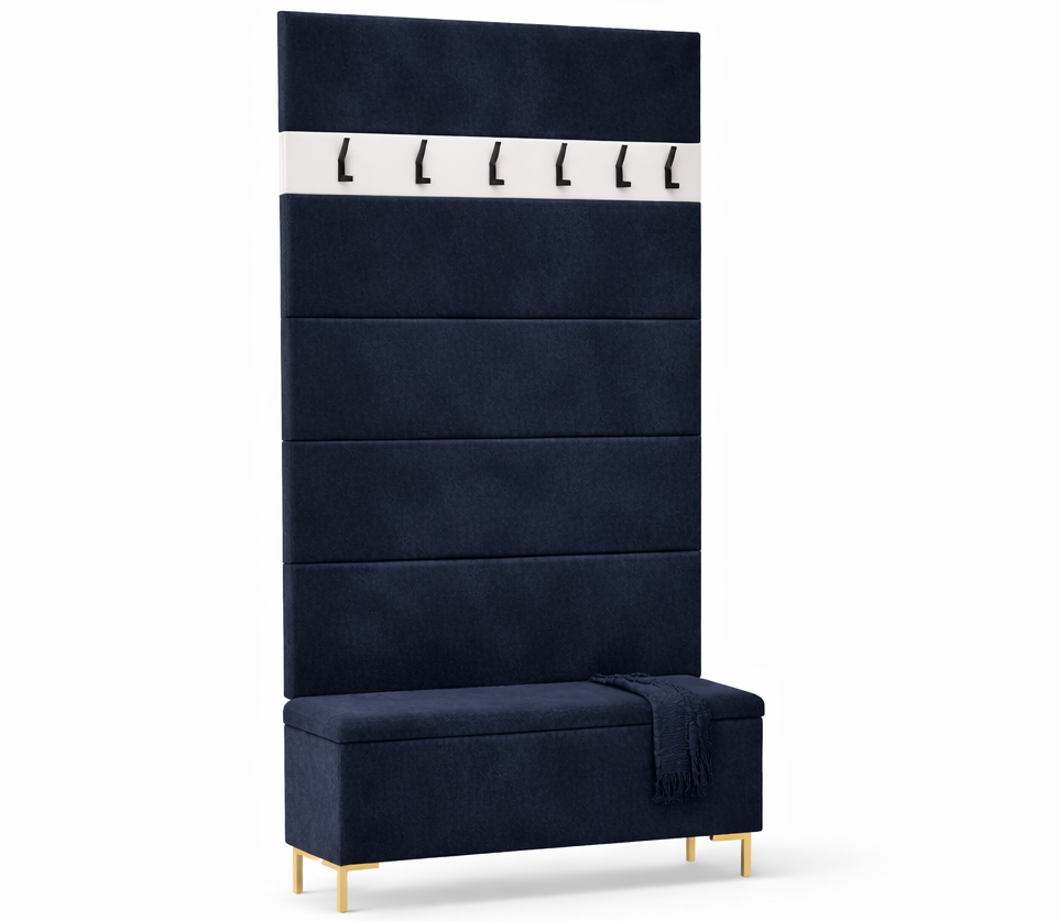 Zestaw Przedpokój LUI Szafka na Buty z Siedziskiem, Tapicerowane Panele i Wieszak Sztruks Szary POSO - obrazek 7