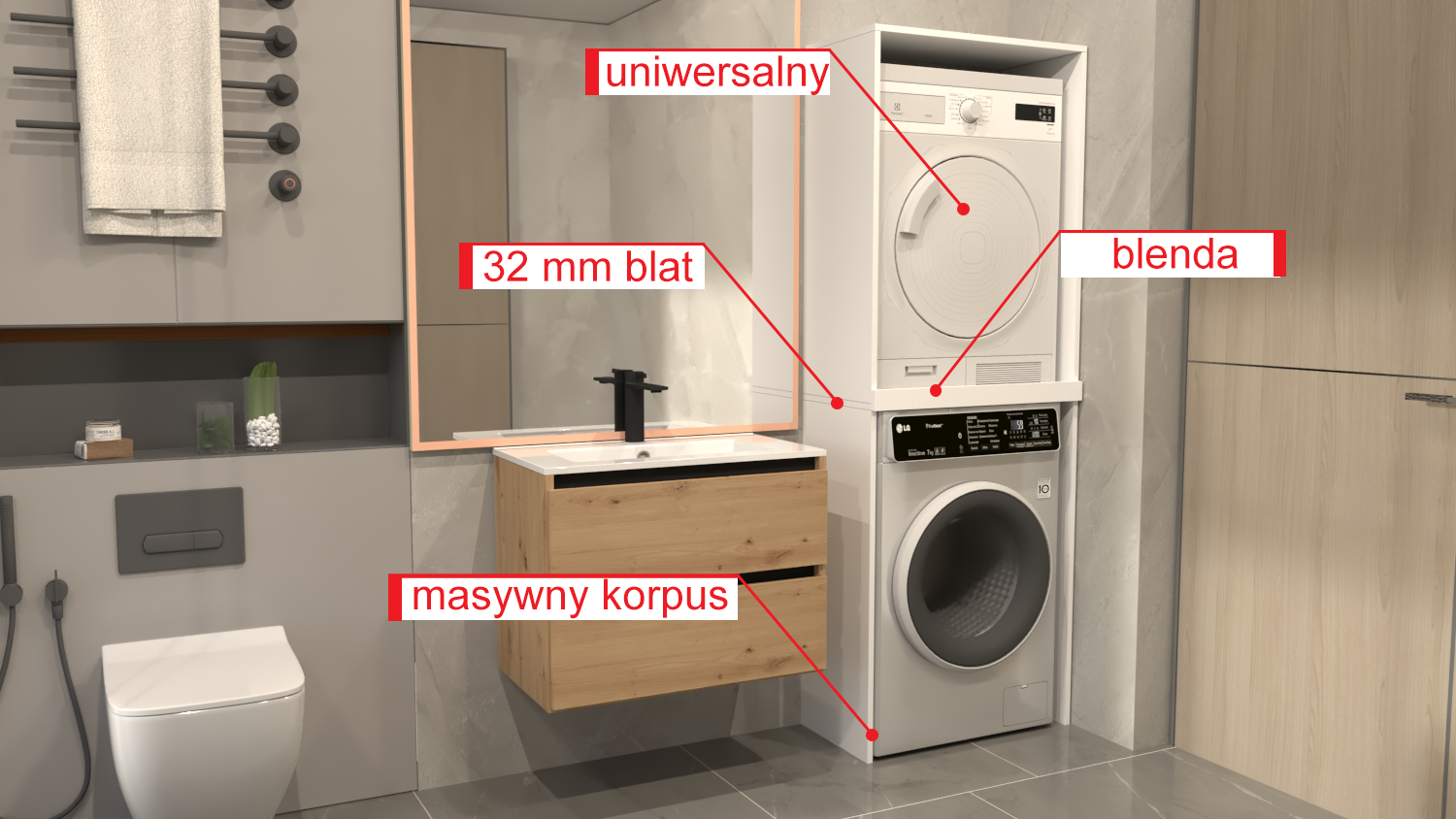 Szafka na Pralkę i Suszarkę do Łazienki - Regał Słupek Biały z Półkami do Pralni - obrazek 7