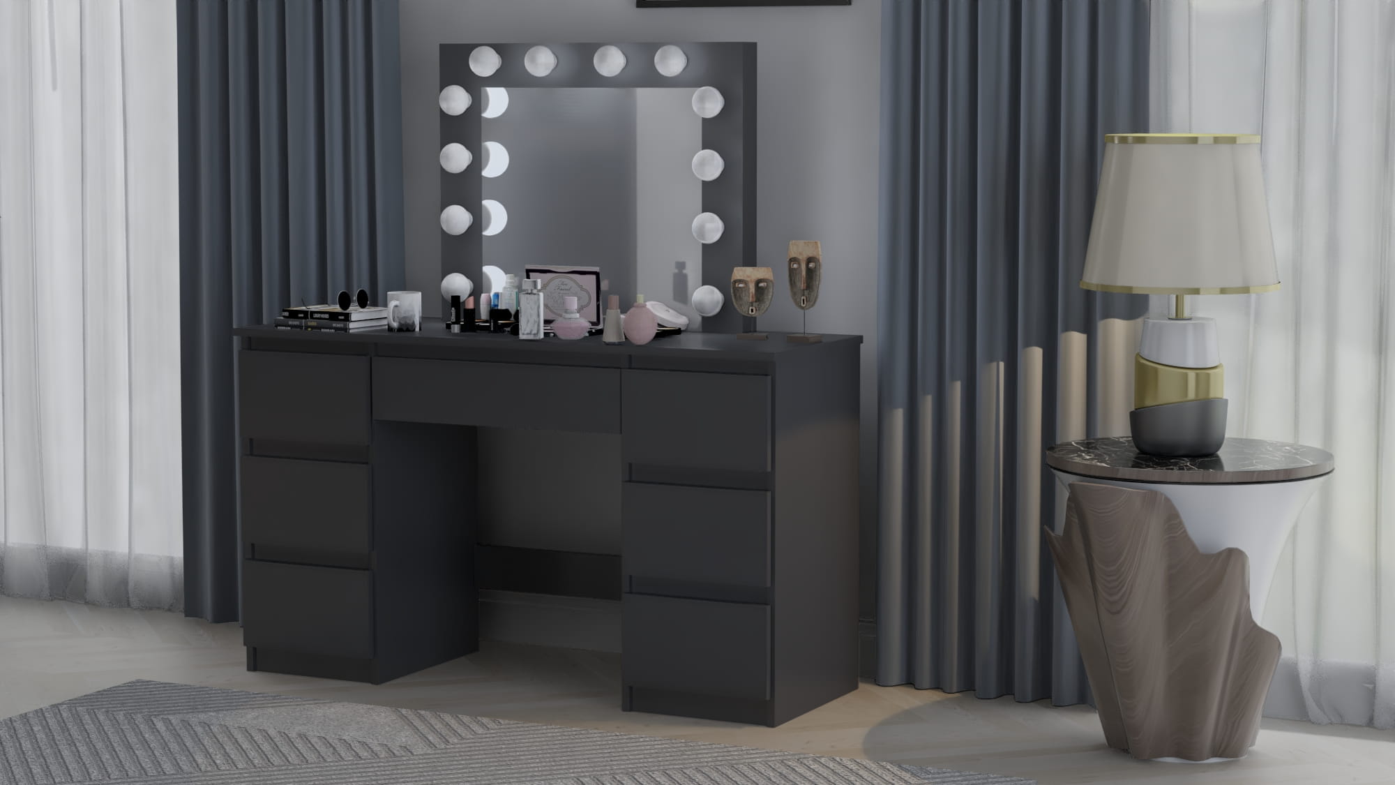 TOALETKA kosmetyczna CZARNA z lustrem 12 LED wizaż BETI7 - obrazek 3