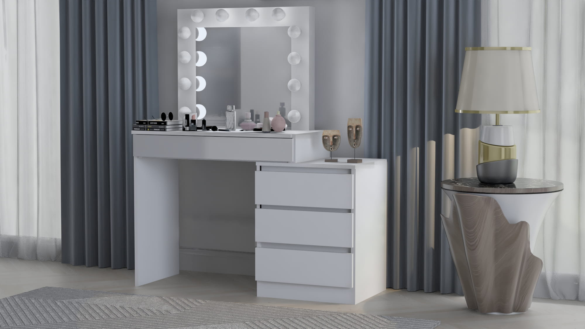 TOALETKA KOSMETYCZNA LUSTRO Z OŚWIETLENIEM 12x LED TABORET tapicerowany - obrazek 3