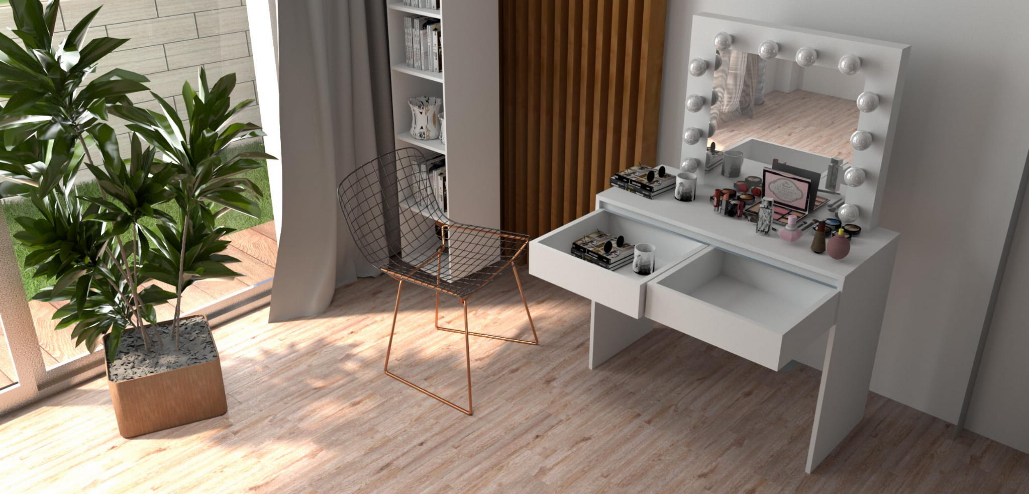 TOALETKA DO MAKIJAŻU Z LUSTREM OŚWIETLENIEM LED SZUFLADY TABORET ZESTAW - obrazek 7