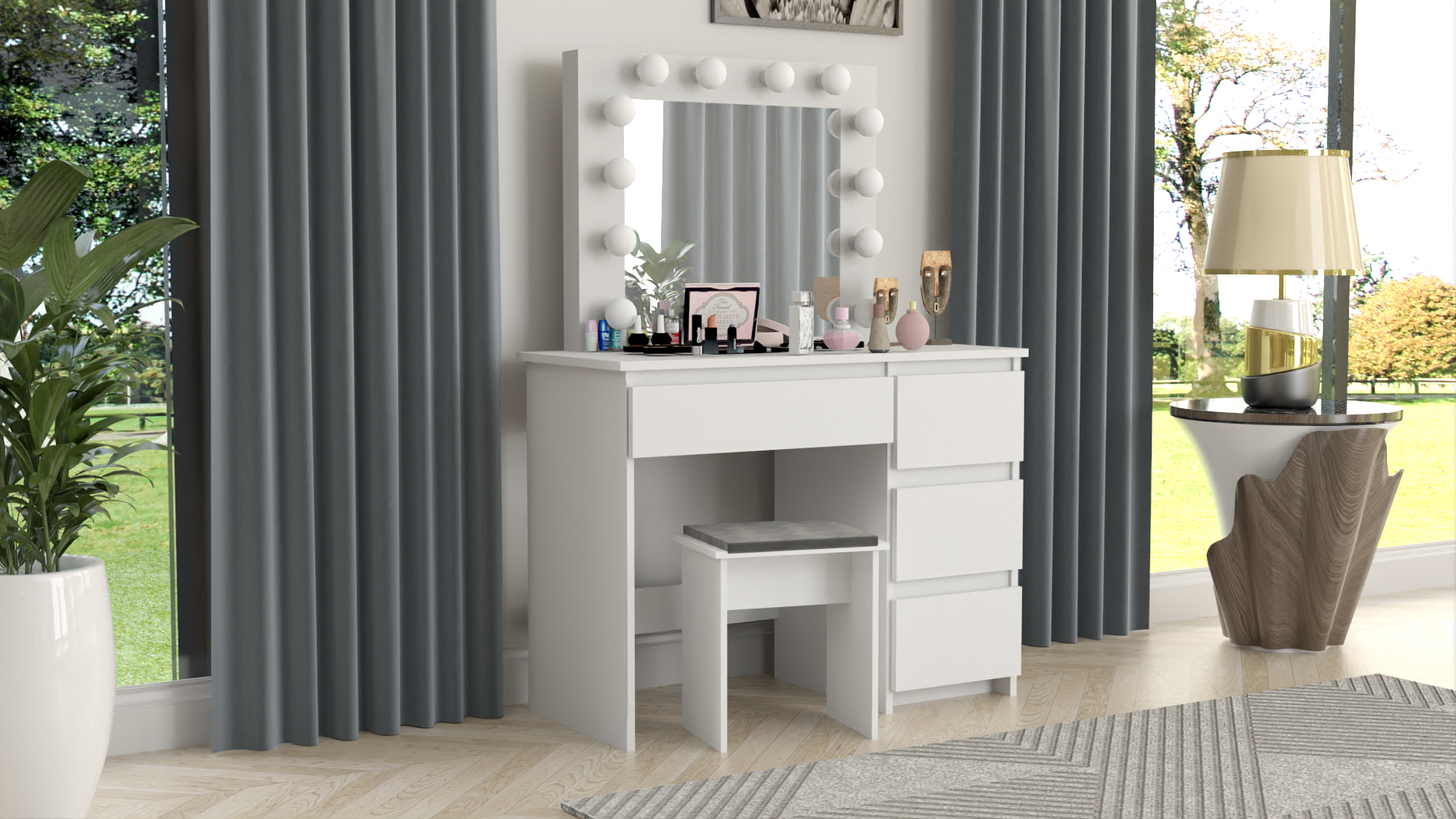 TOALETKA kosmetyczna LUSTRO 12 LED TABORET tapicerowany - obrazek 2