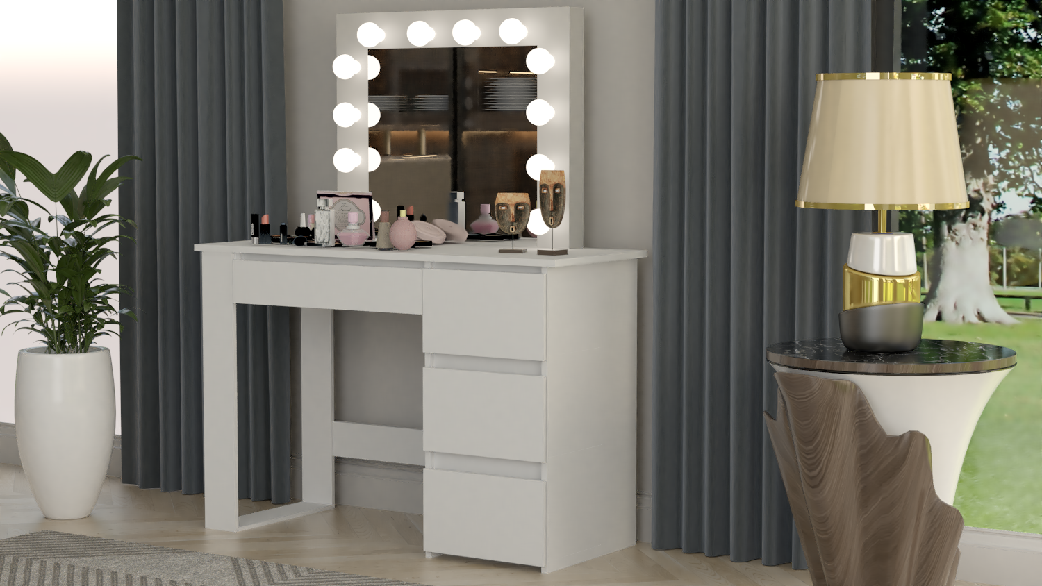 TOALETKA KOSMETYCZNA LUSTRO Z OŚWIETLENIEM 12x LED Taboret tapicerowany - obrazek 6