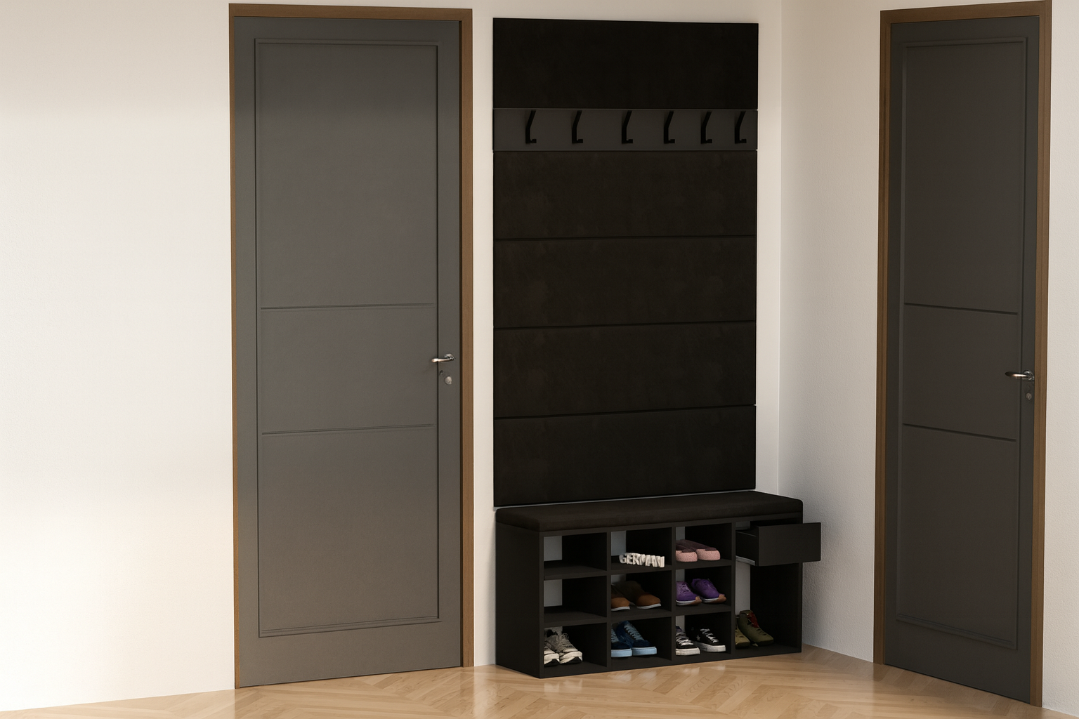 Zestaw Przedpokój LEO Szafka na Buty z Siedziskiem, Tapicerowane Panele i Wieszak - obrazek 2