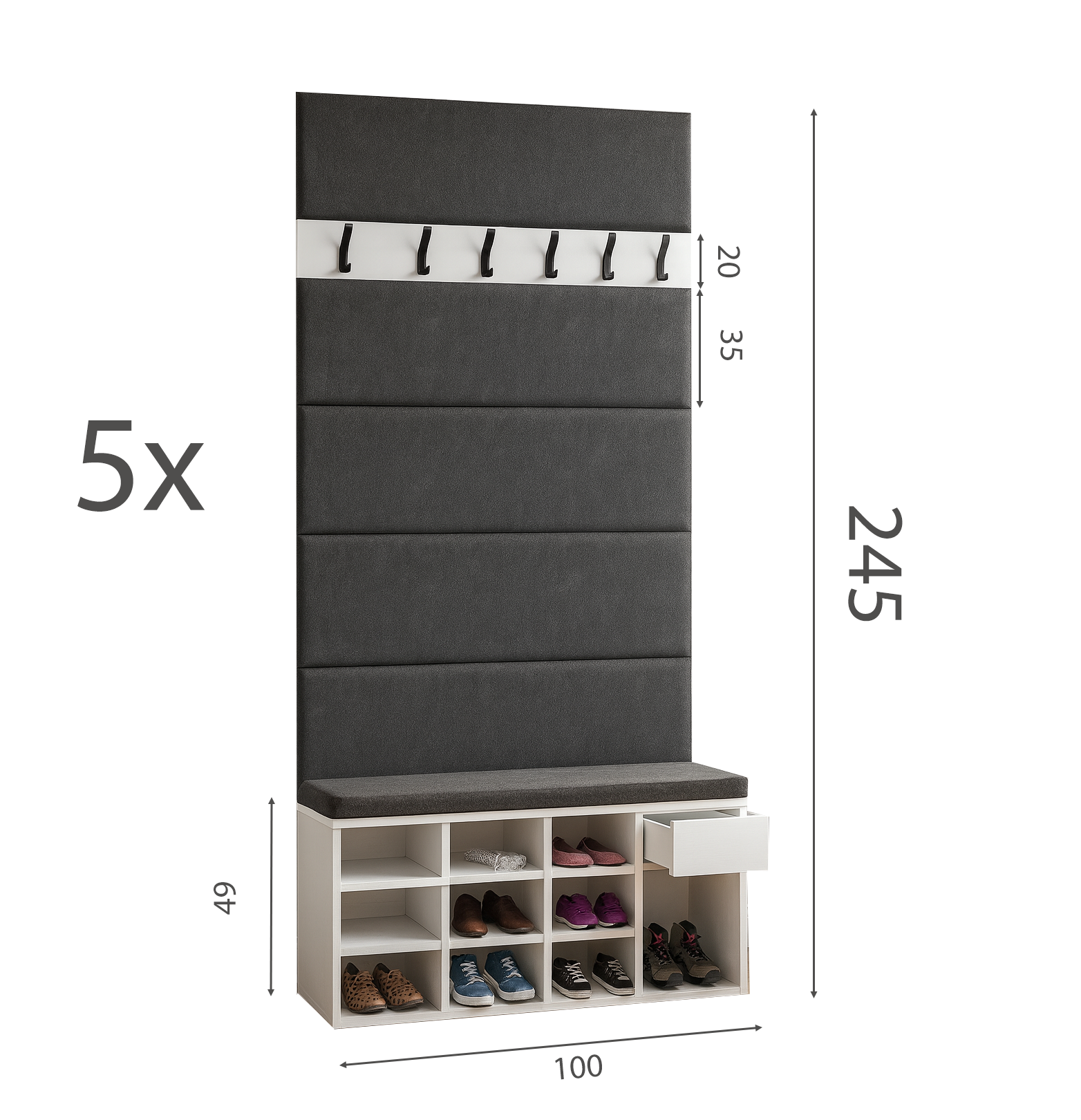 Zestaw Przedpokój LEO Szafka na Buty z Siedziskiem, Tapicerowane Panele i Wieszak - obrazek 7