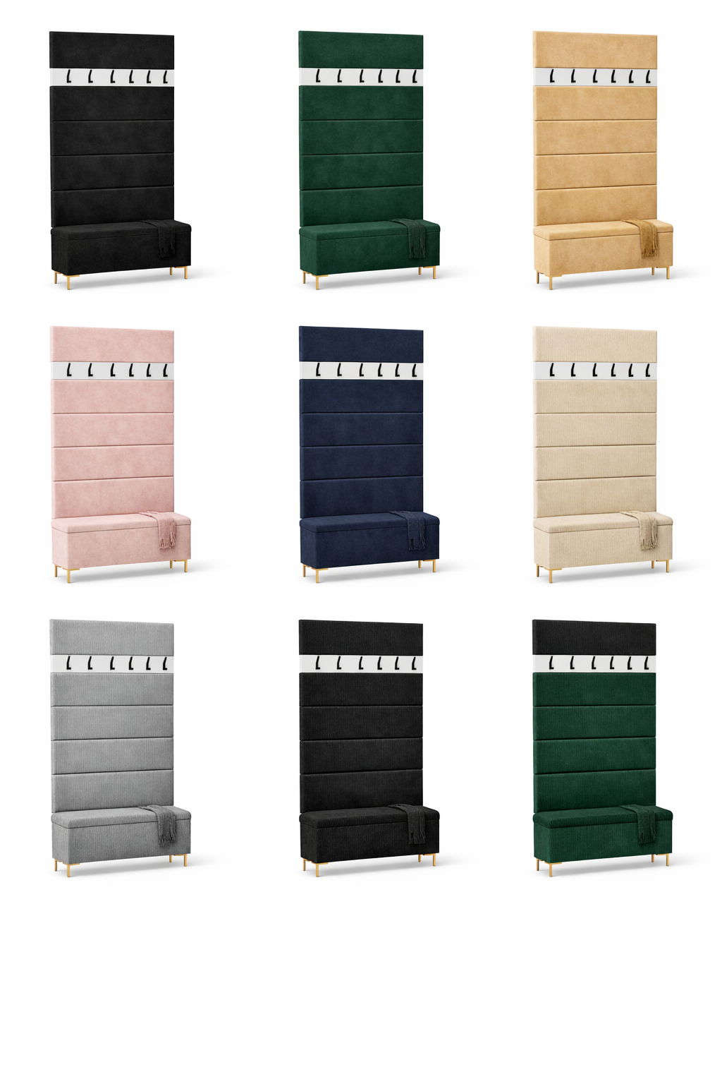 Zestaw Przedpokój LUI Szafka na Buty z Siedziskiem, Tapicerowane Panele i Wieszak Welur granatowy - obrazek 3