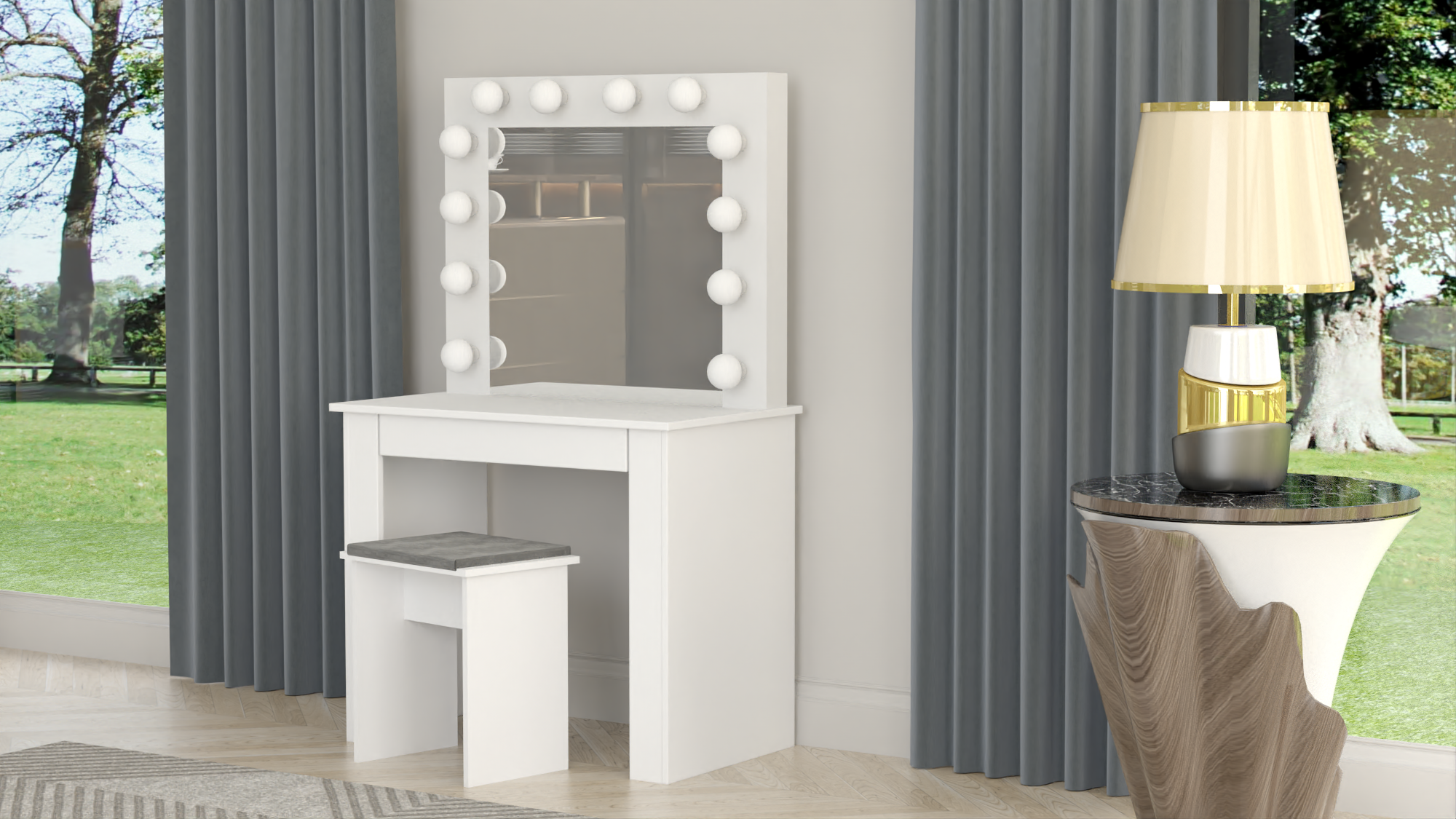 TOALETKA LUSTRO DO MAKIJAŻU WIZAŻU Z OŚWIETLENIEM 12X LED BETI1 Taboret tapicerowany - obrazek 3