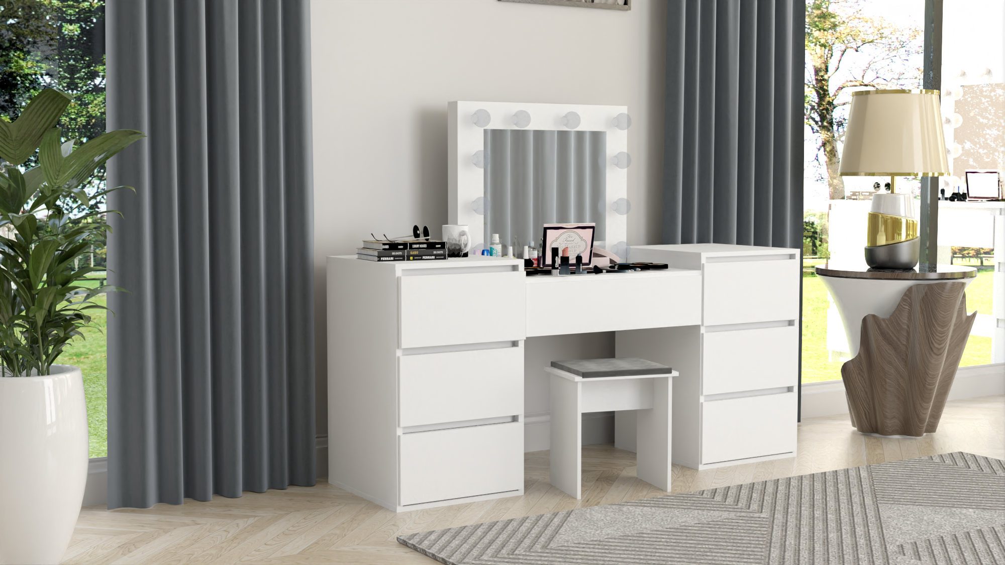 TOALETKA kosmetyczna BIAŁA z lustrem 12 LED wizaż BETI8 TABORET tapicerowany - obrazek 2