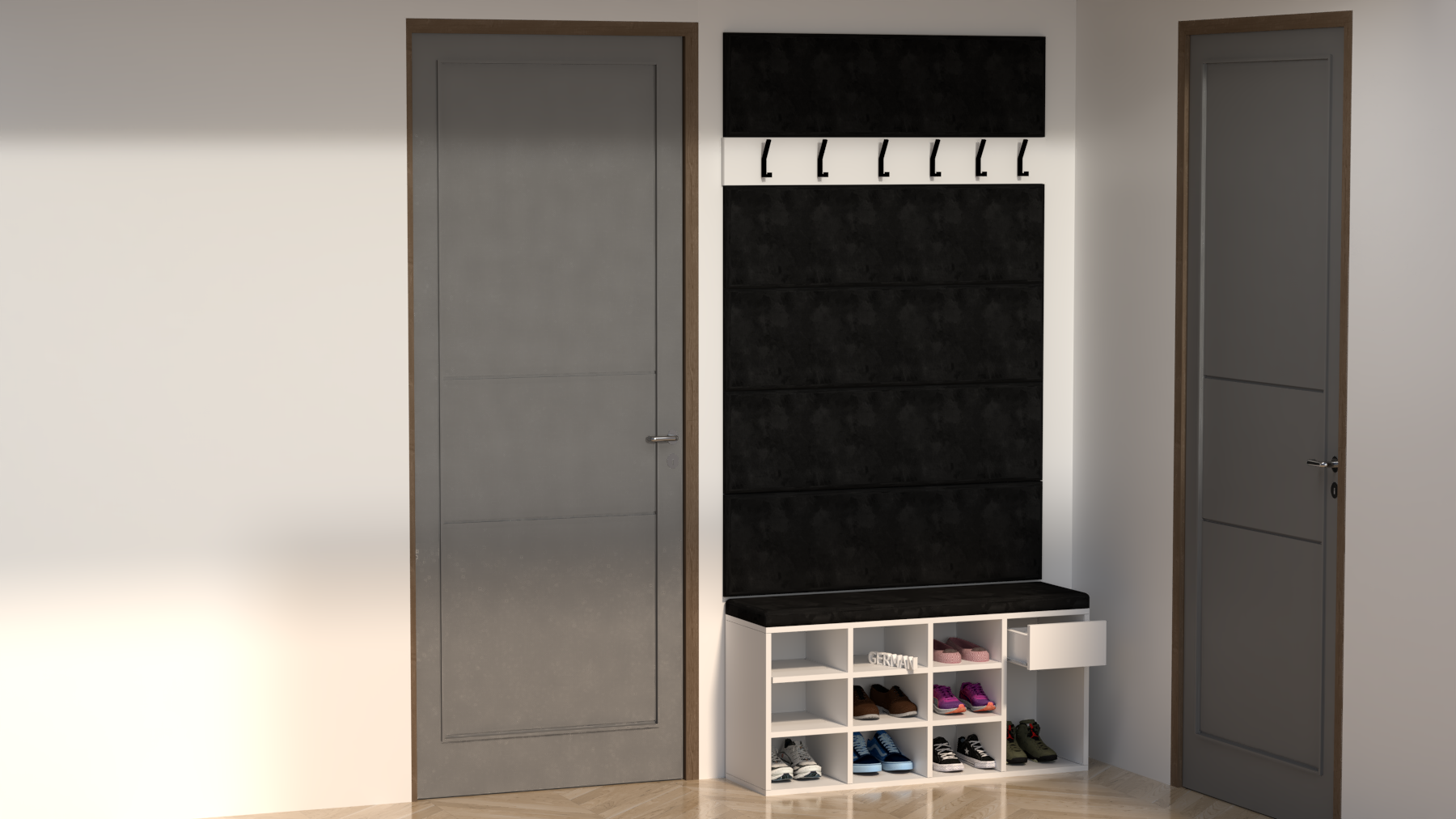 Zestaw Przedpokój LEO Szafka na Buty z Siedziskiem, Tapicerowane Panele i Wieszak - obrazek 11