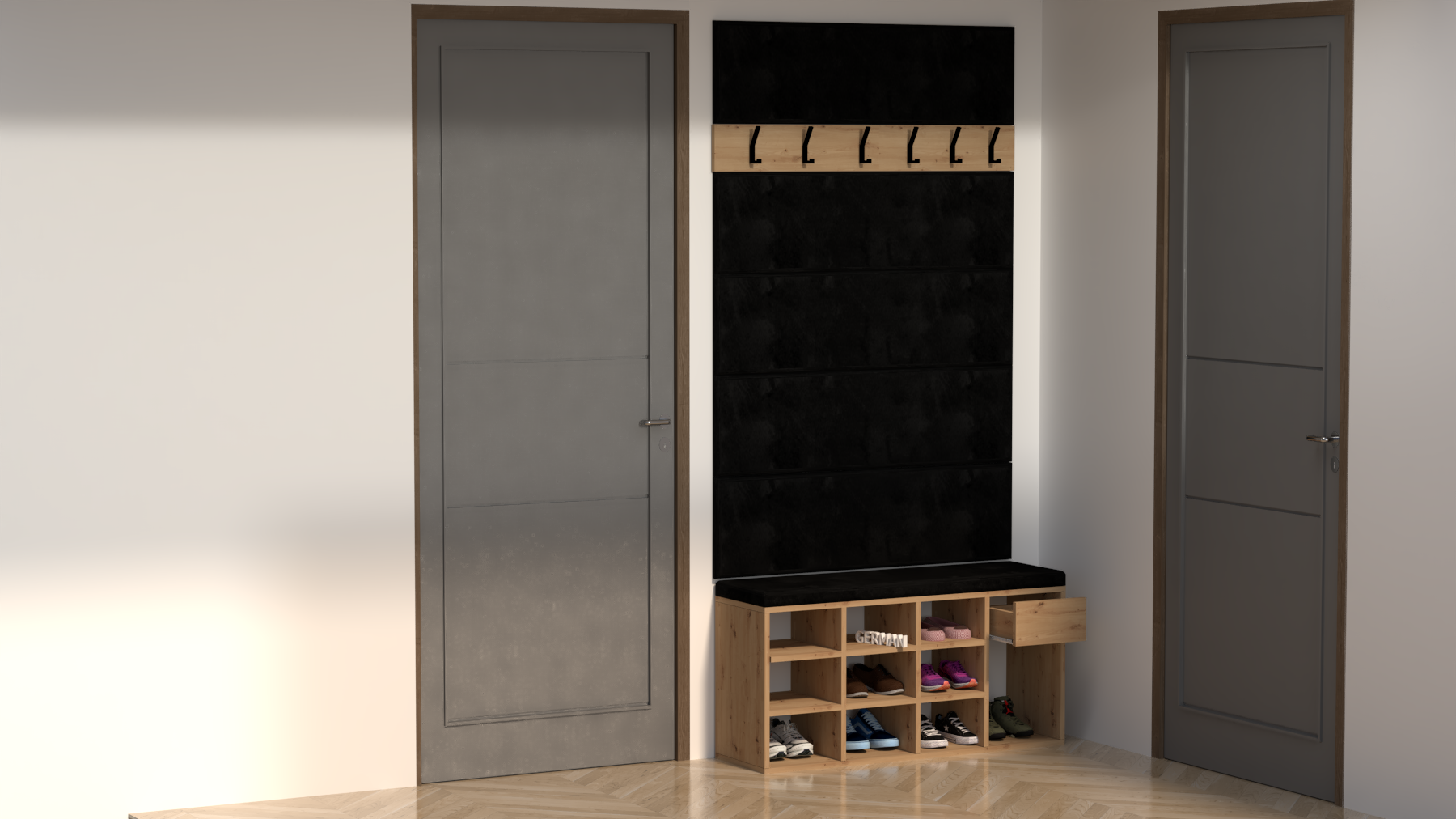 Zestaw Przedpokój LEO Szafka na Buty z Siedziskiem, Tapicerowane Panele i Wieszak - obrazek 9