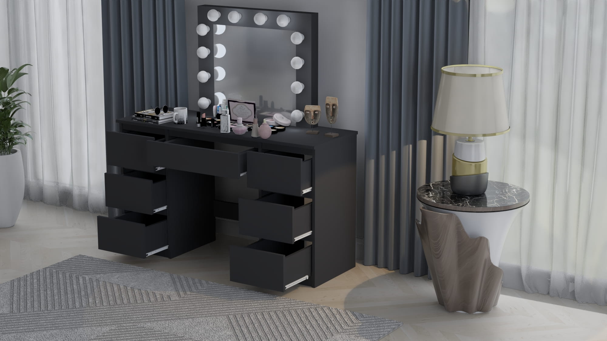 TOALETKA kosmetyczna CZARNA z lustrem 12 LED wizaż BETI7 - obrazek 5