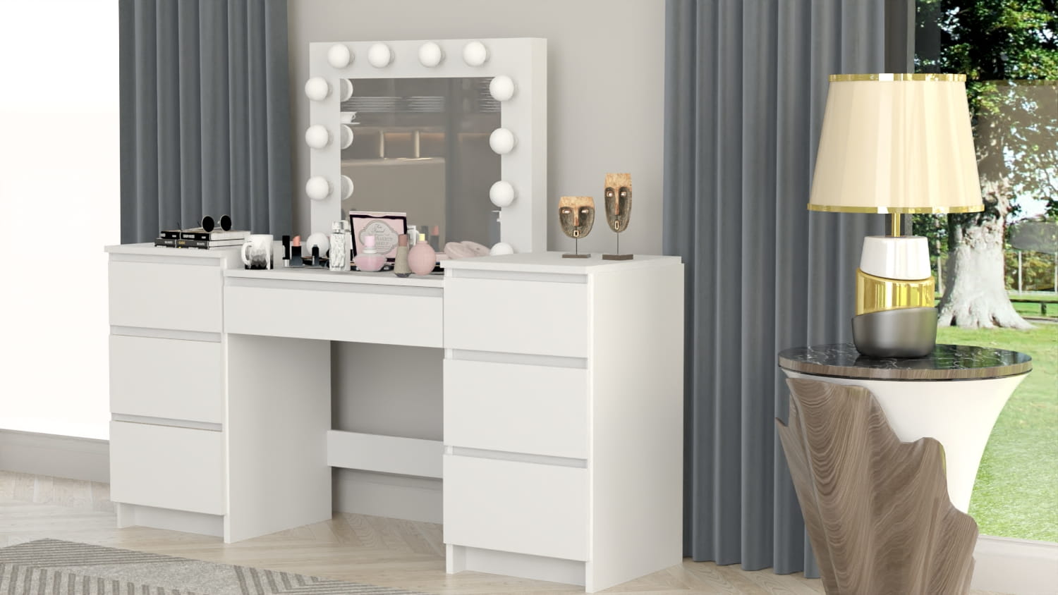 TOALETKA kosmetyczna BIAŁA z lustrem 12 LED wizaż BETI8 TABORET tapicerowany - obrazek 10