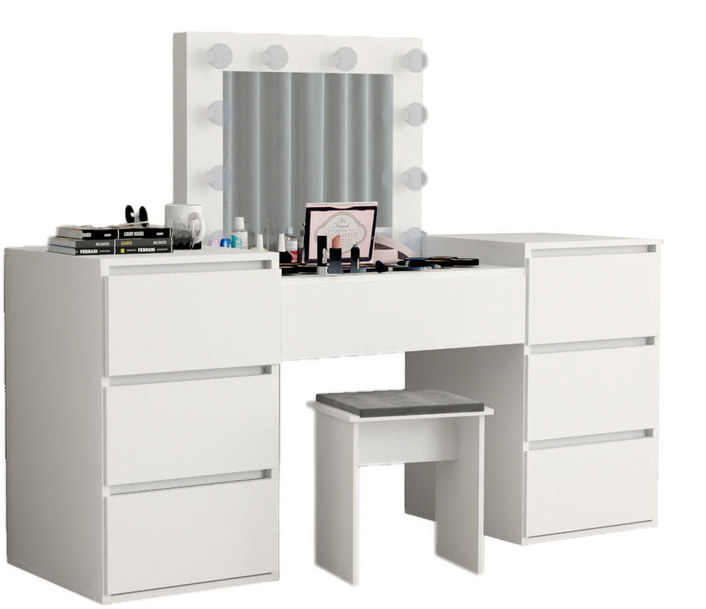 TOALETKA kosmetyczna BIAŁA z lustrem 12 LED wizaż BETI8 TABORET tapicerowany