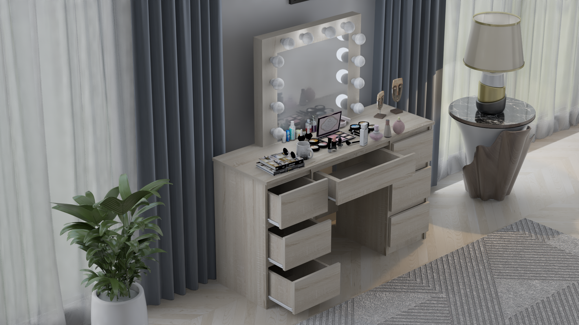 TOALETKA kosmetyczna z lustrem 12 LED wizaż BETI7 DĄB SONOMA - obrazek 4