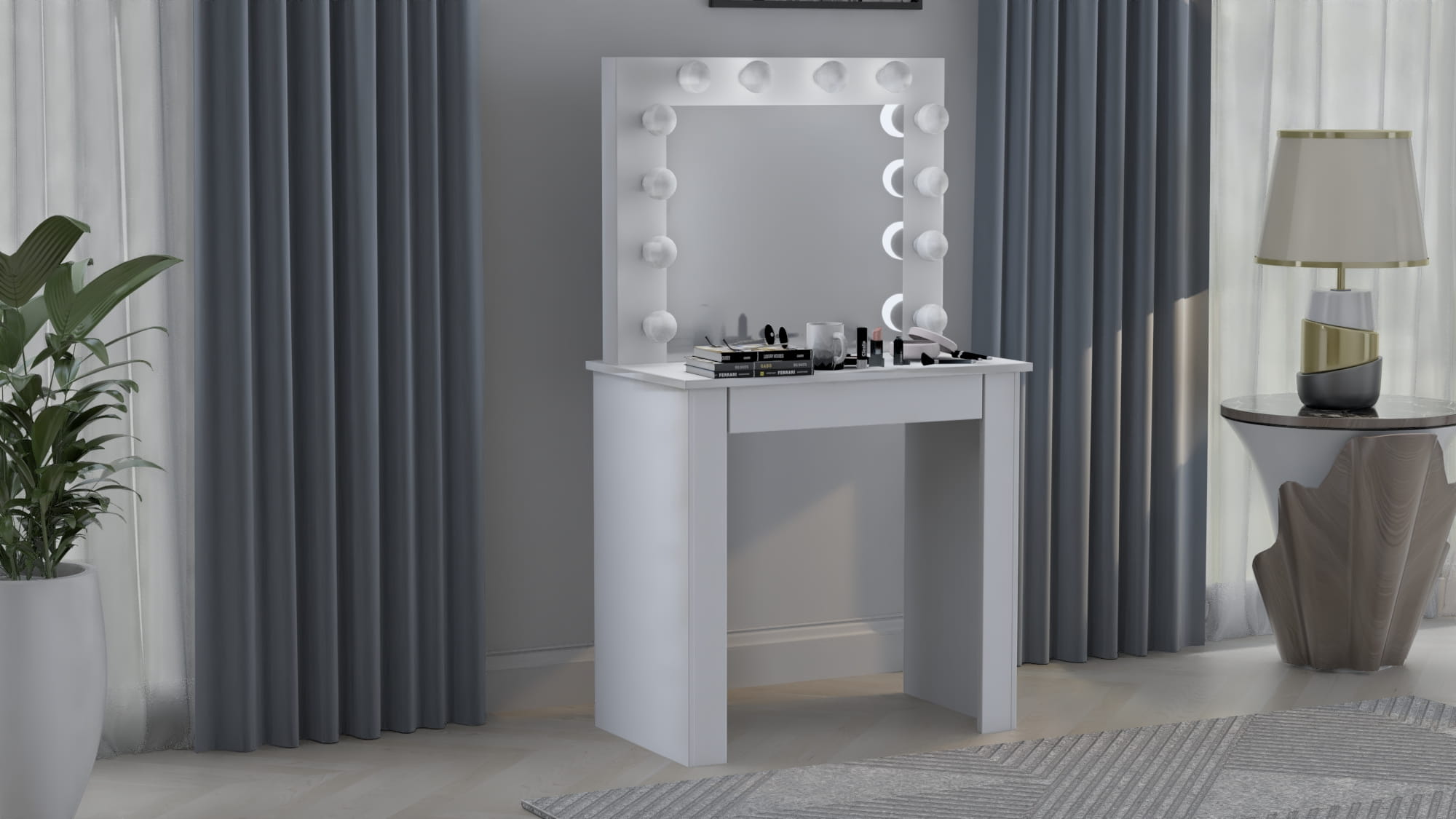 TOALETKA LUSTRO DO MAKIJAŻU WIZAŻU Z OŚWIETLENIEM 12X LED BETI1 Taboret tapicerowany - obrazek 5