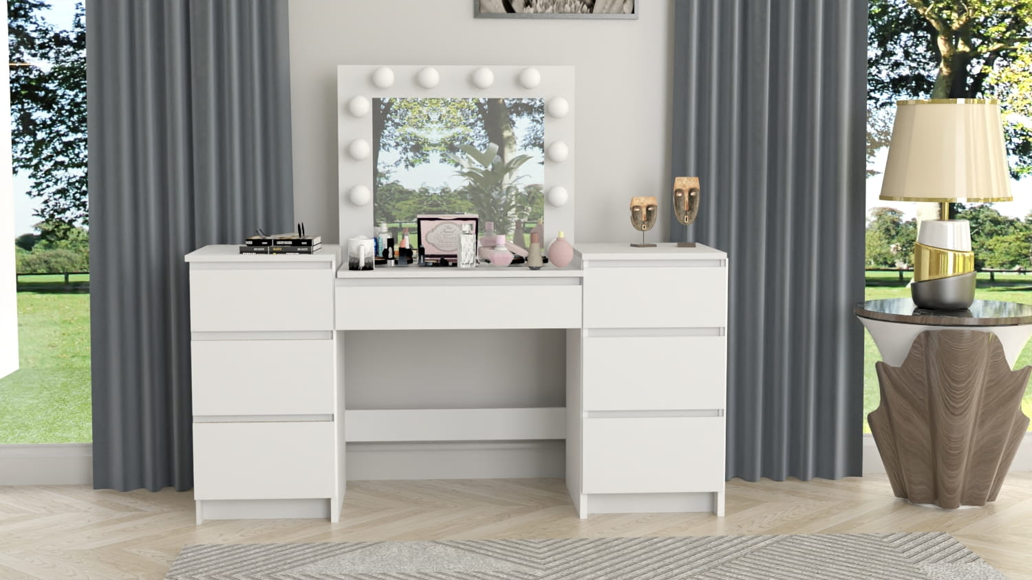 TOALETKA kosmetyczna BIAŁA z lustrem 12 LED wizaż BETI8 TABORET tapicerowany - obrazek 9