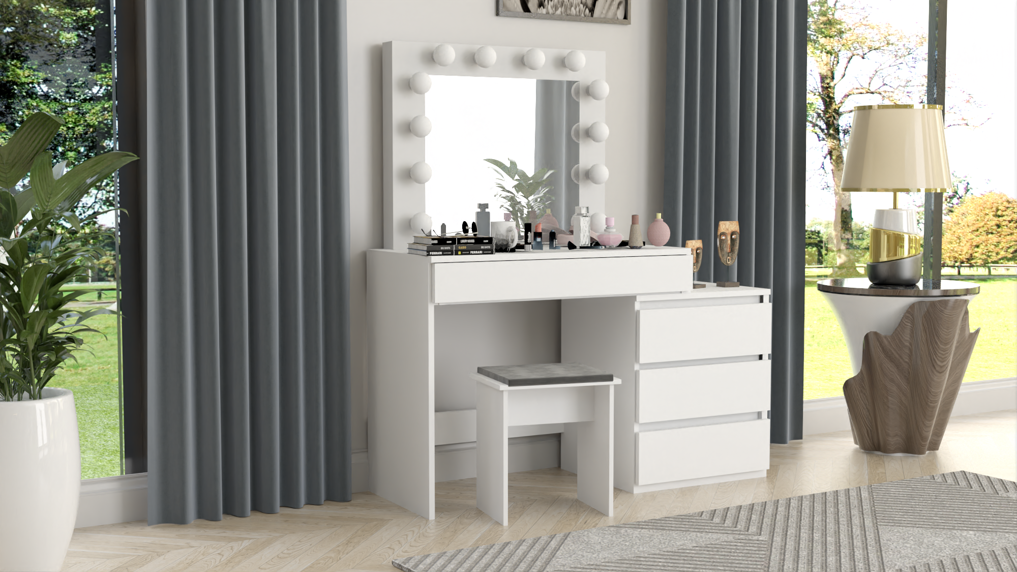 TOALETKA KOSMETYCZNA LUSTRO Z OŚWIETLENIEM 12x LED TABORET tapicerowany - obrazek 2