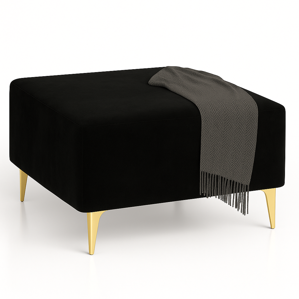 Pufa kwadratowa QUADRE 60×60 – tapicerowana nowoczesny podnóżek do salonu na złotych nogach, polska produkcja WELUR SZARY - obrazek 5