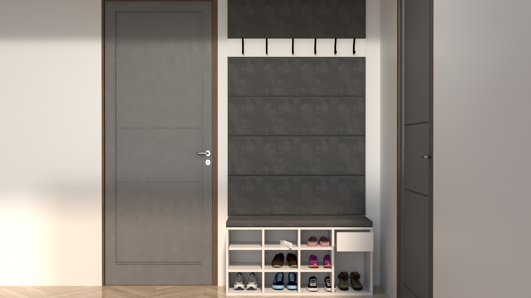 Zestaw Przedpokój LEO Szafka na Buty z Siedziskiem, Tapicerowane Panele i Wieszak - obrazek 15