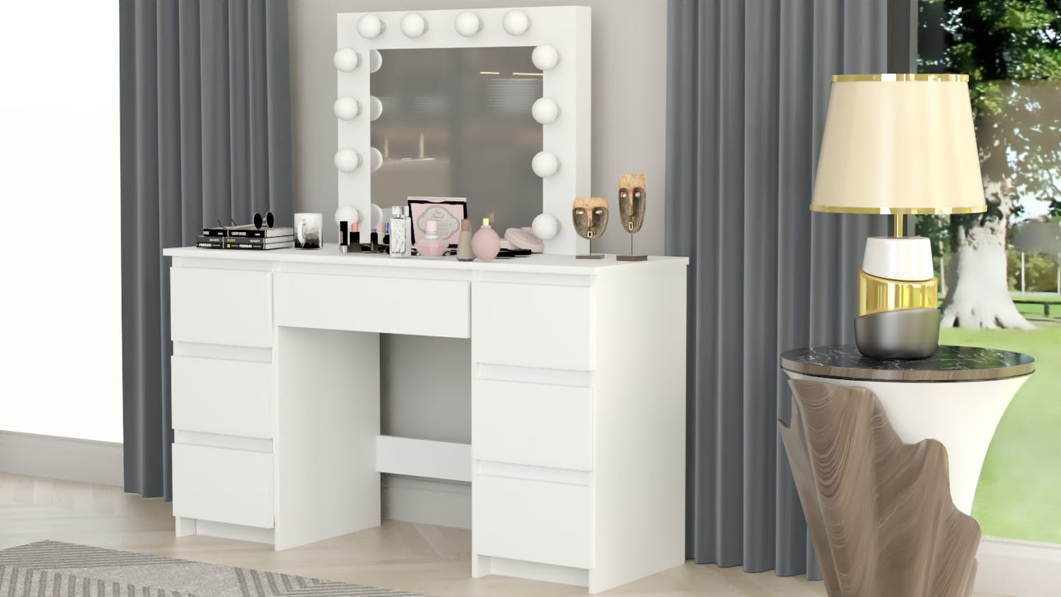 TOALETKA kosmetyczna BIAŁA z lustrem 12 LED BETI7 TABORET - obrazek 6