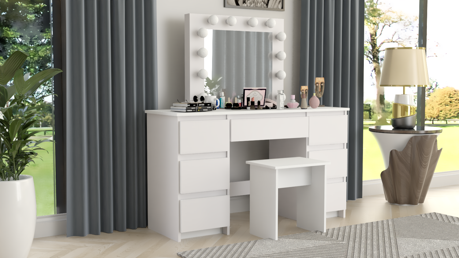 TOALETKA kosmetyczna BIAŁA z lustrem 12 LED BETI7 TABORET - obrazek 2