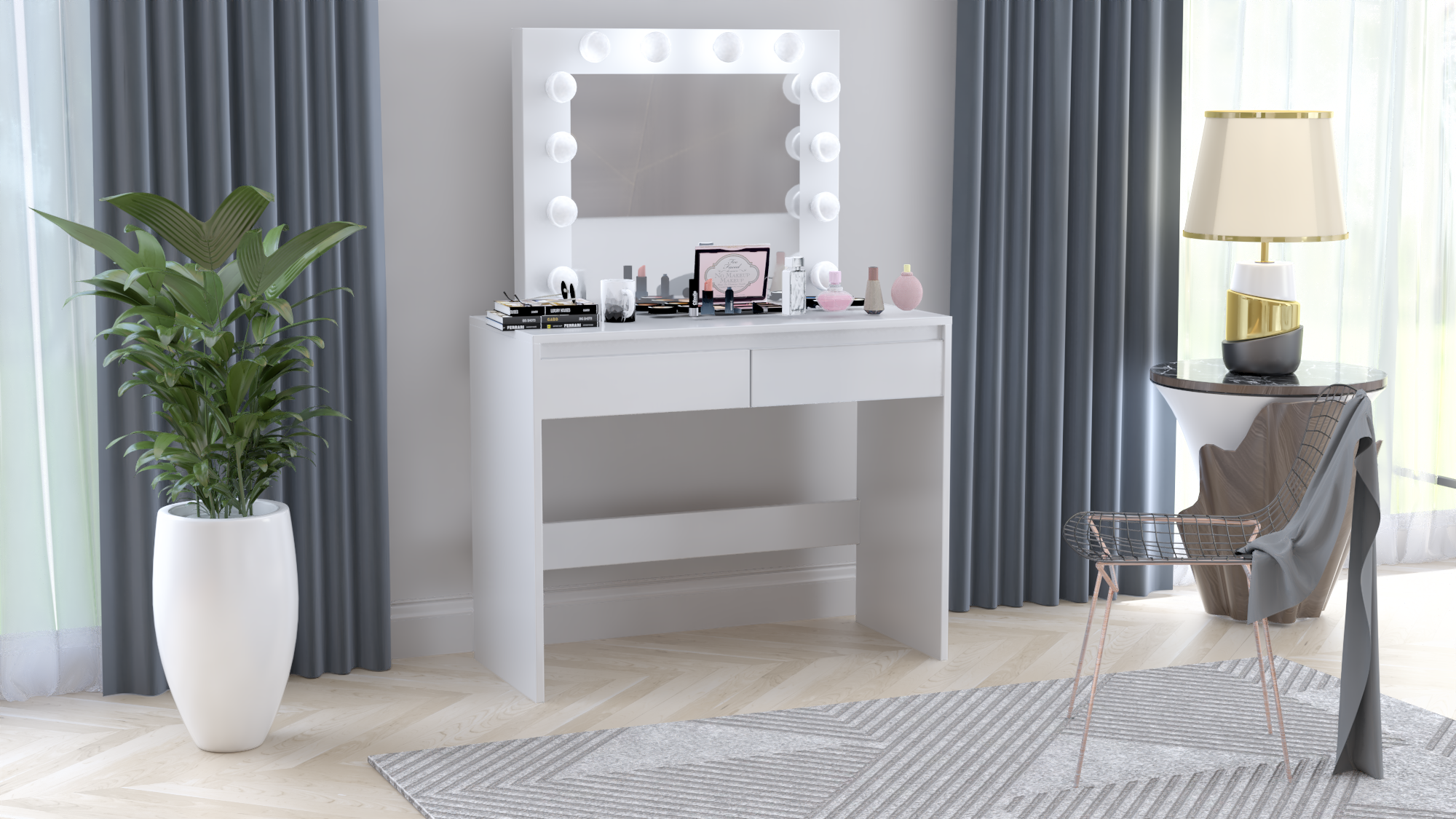 TOALETKA DO MAKIJAŻU Z LUSTREM OŚWIETLENIEM LED SZUFLADY TABORET ZESTAW - obrazek 5