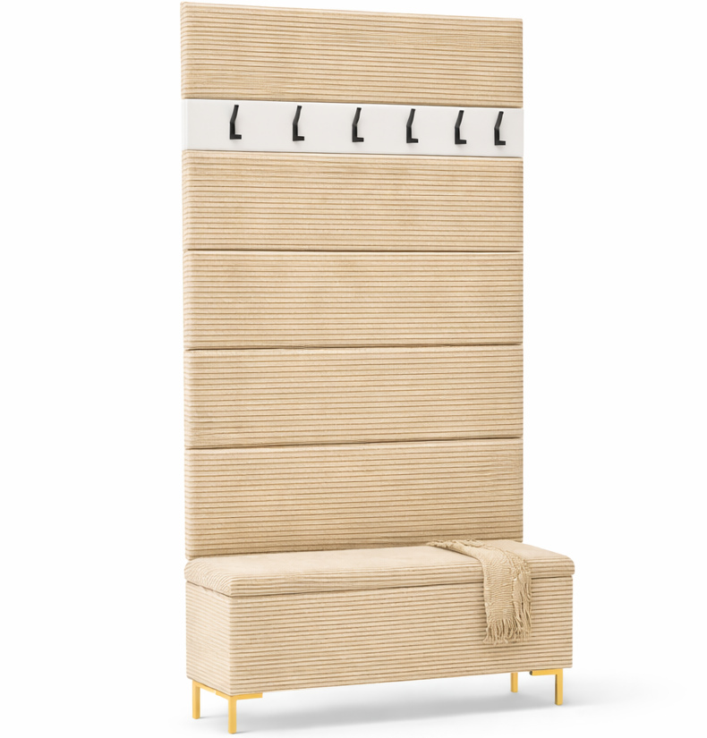 Zestaw Przedpokój LUI Szafka na Buty z Siedziskiem, Tapicerowane Panele i Wieszak Sztruks ZIELEŃ POSO - obrazek 6