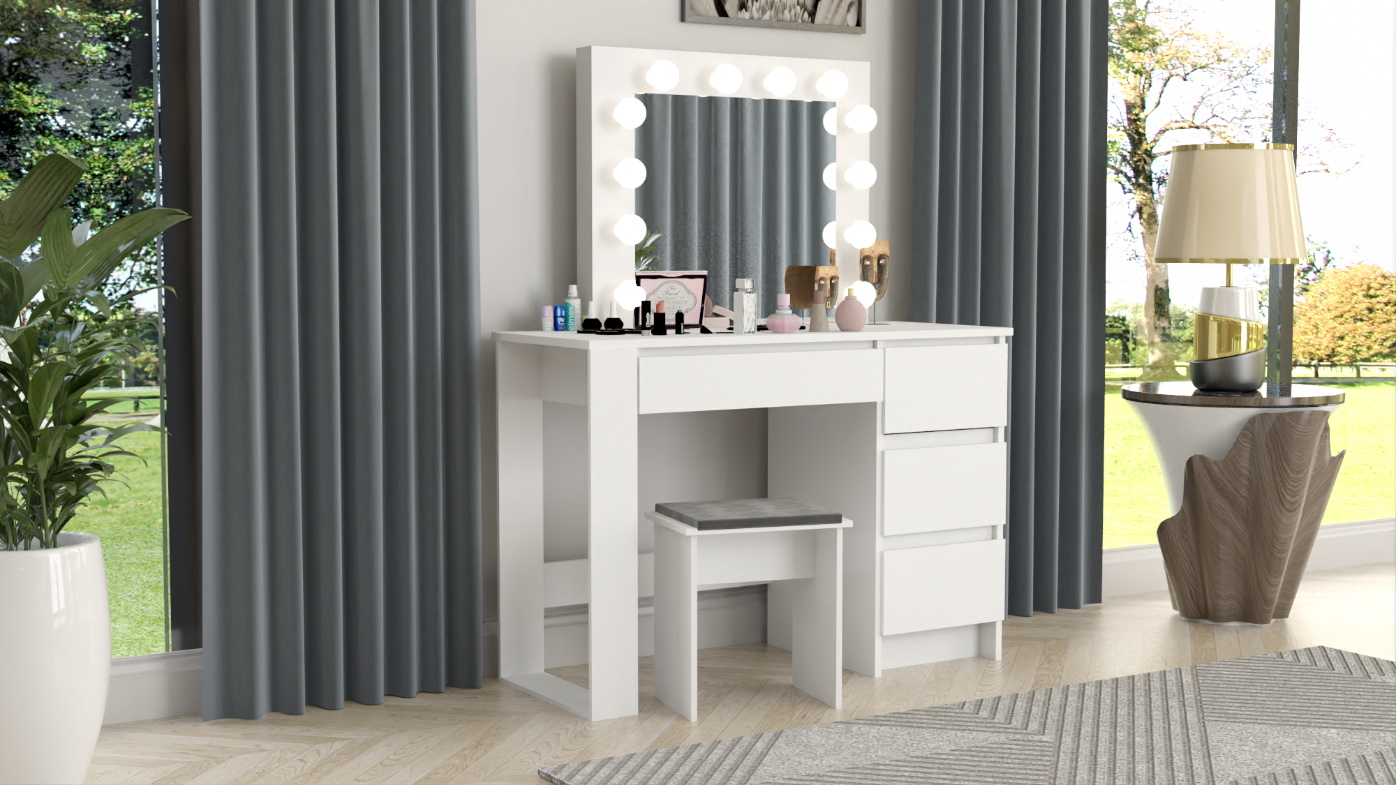 TOALETKA KOSMETYCZNA LUSTRO Z OŚWIETLENIEM 12x LED Taboret tapicerowany - obrazek 2