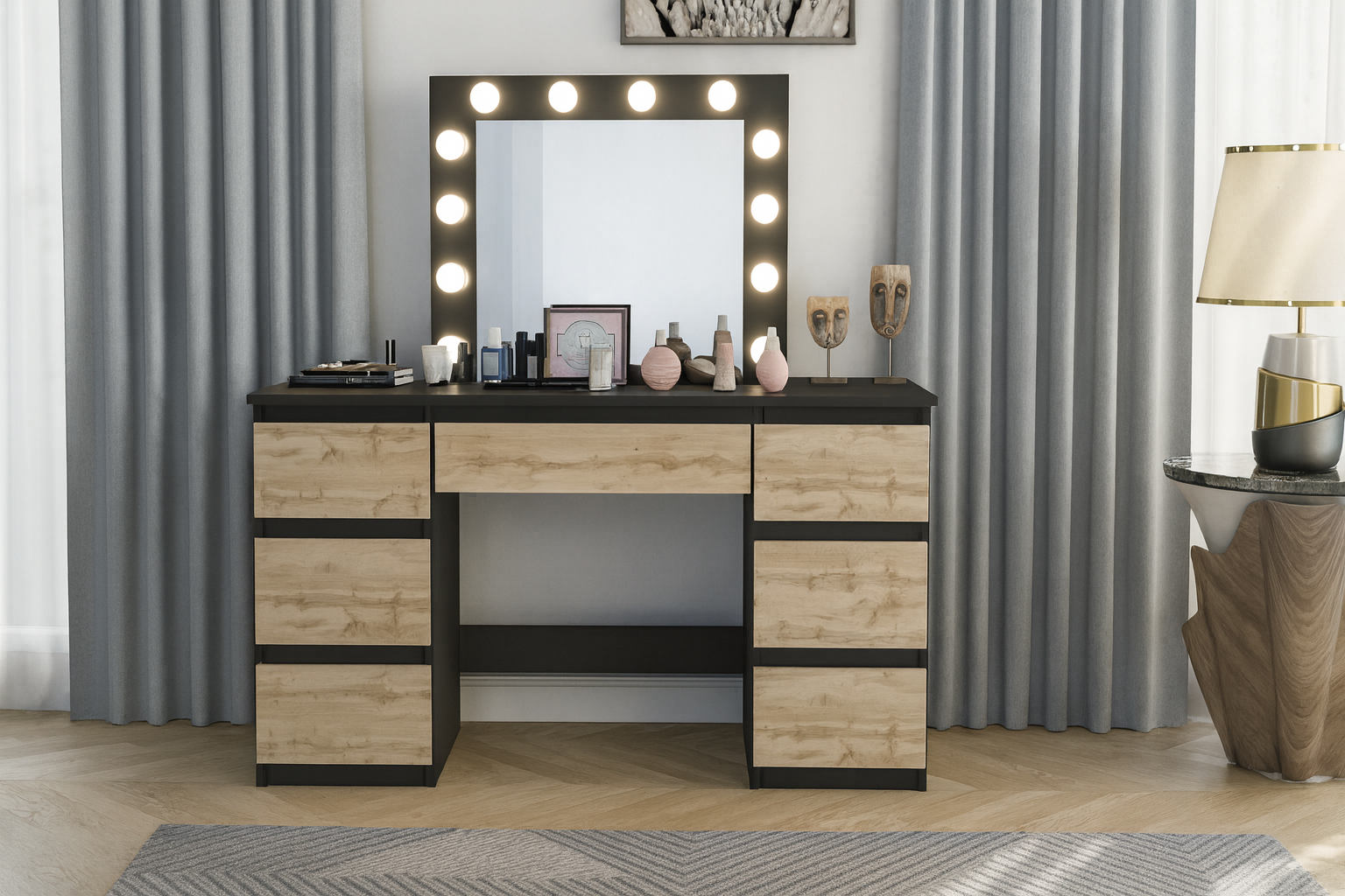 TOALETKA kosmetyczna z lustrem 12 LED wizaż BETI7 DĄB ARTISAN Czarna - obrazek 6