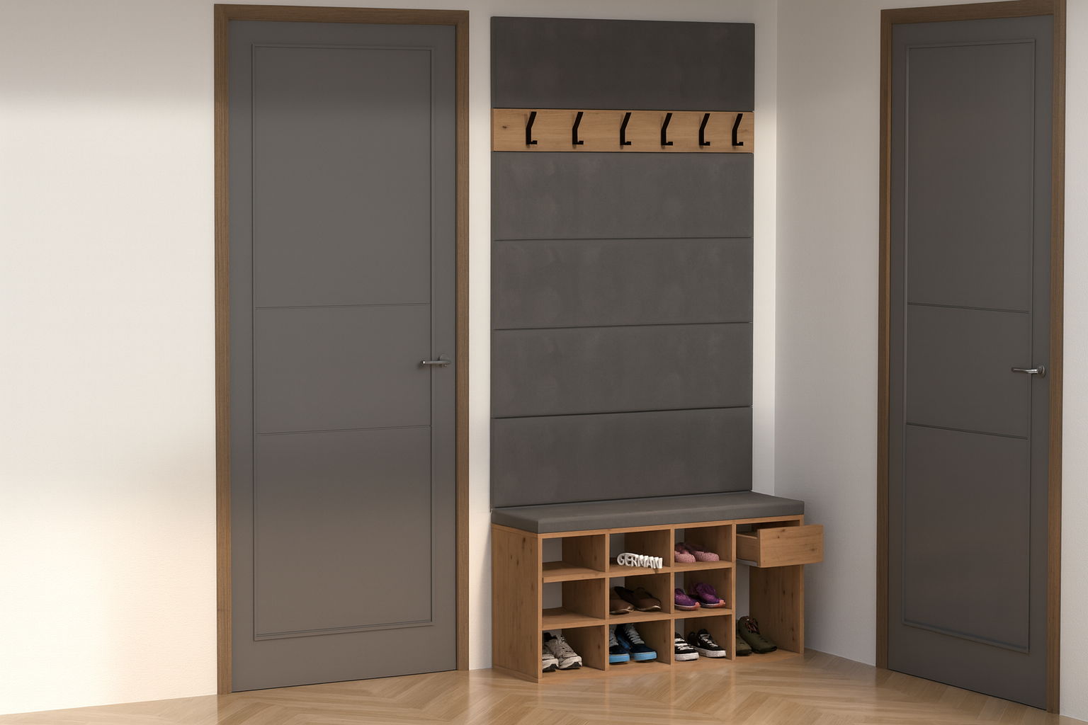 Zestaw Przedpokój LEO Szafka na Buty z Siedziskiem, Tapicerowane Panele i Wieszak - obrazek 4