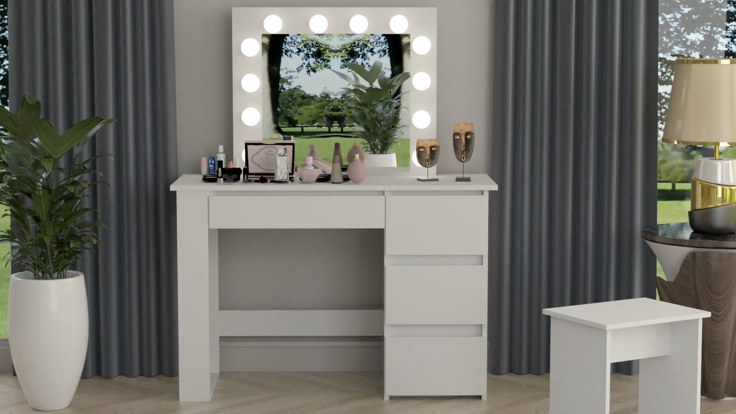 TOALETKA KOSMETYCZNA LUSTRO Z OŚWIETLENIEM 12x LED Taboret tapicerowany - obrazek 4