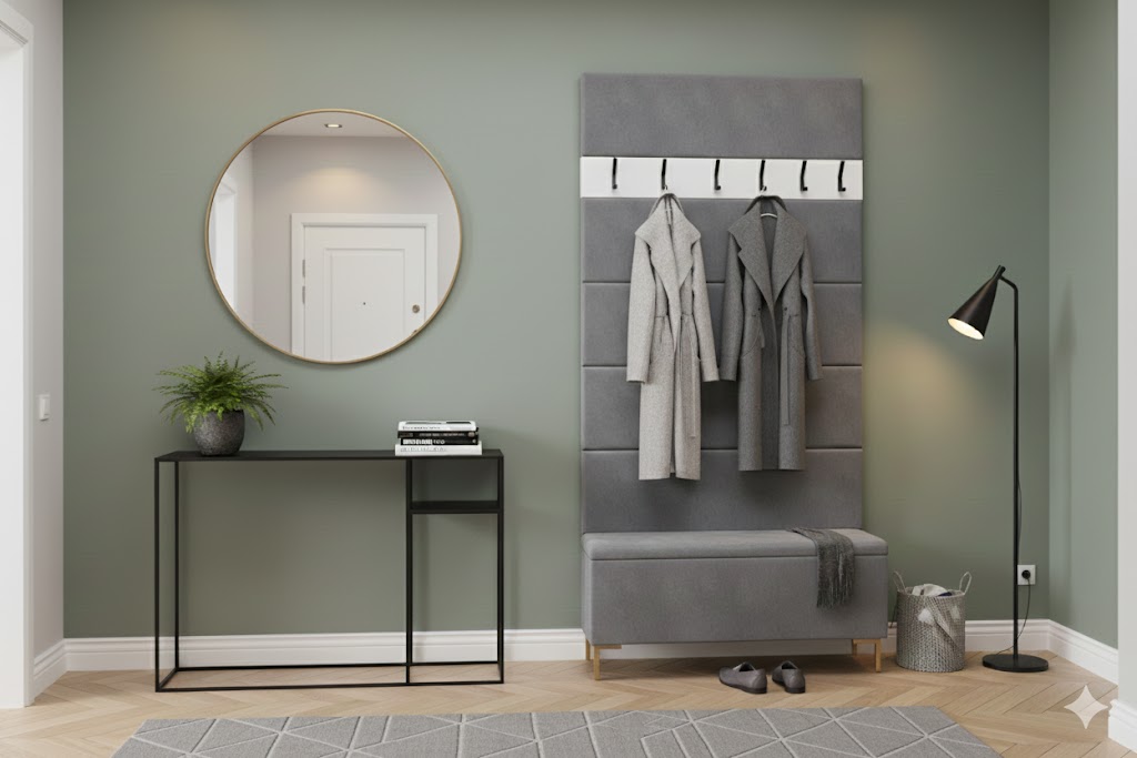 Zestaw Przedpokój LUI Szafka na Buty z Siedziskiem, Tapicerowane Panele i Wieszak Sztruks Szary POSO - obrazek 16