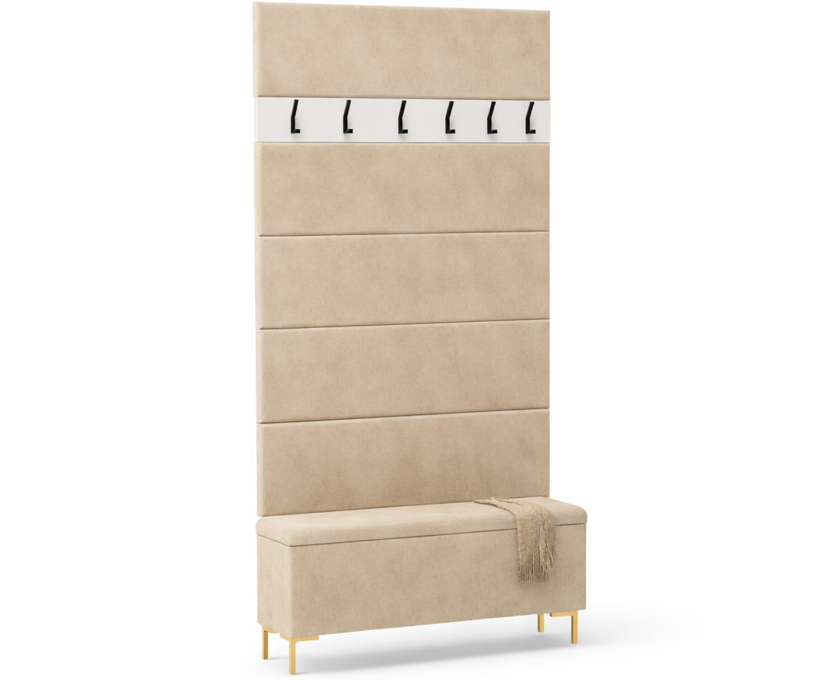 Zestaw Przedpokój LUI Szafka na Buty z Siedziskiem, Tapicerowane Panele i Wieszak Welur złoty - obrazek 9