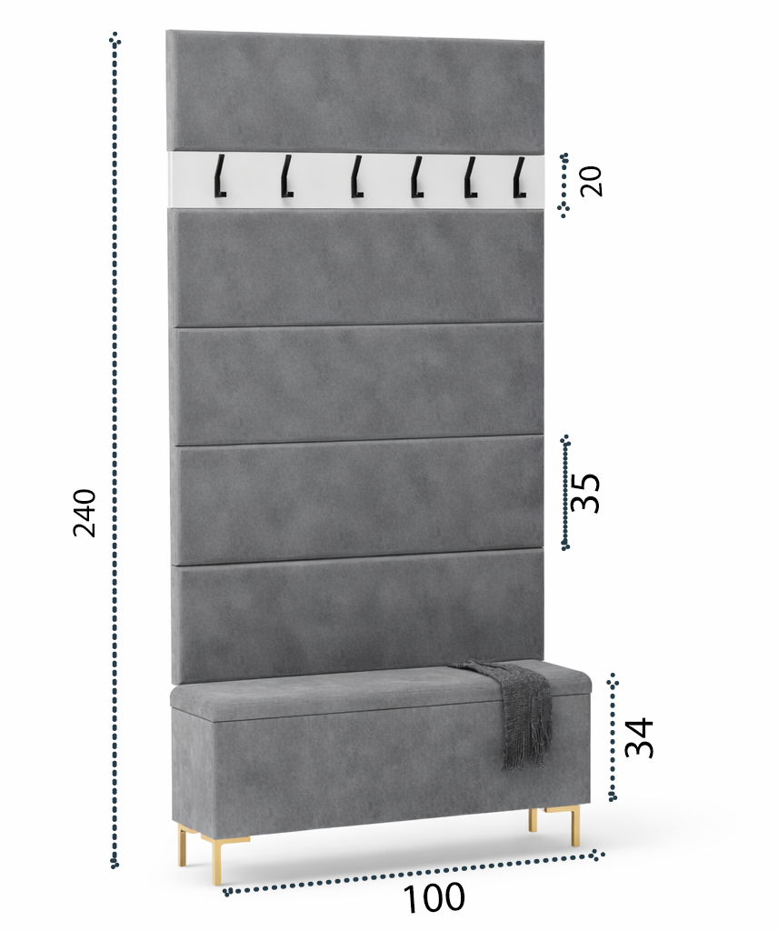 Zestaw Przedpokój LUI Szafka na Buty z Siedziskiem, Tapicerowane Panele i Wieszak Welur złoty - obrazek 4