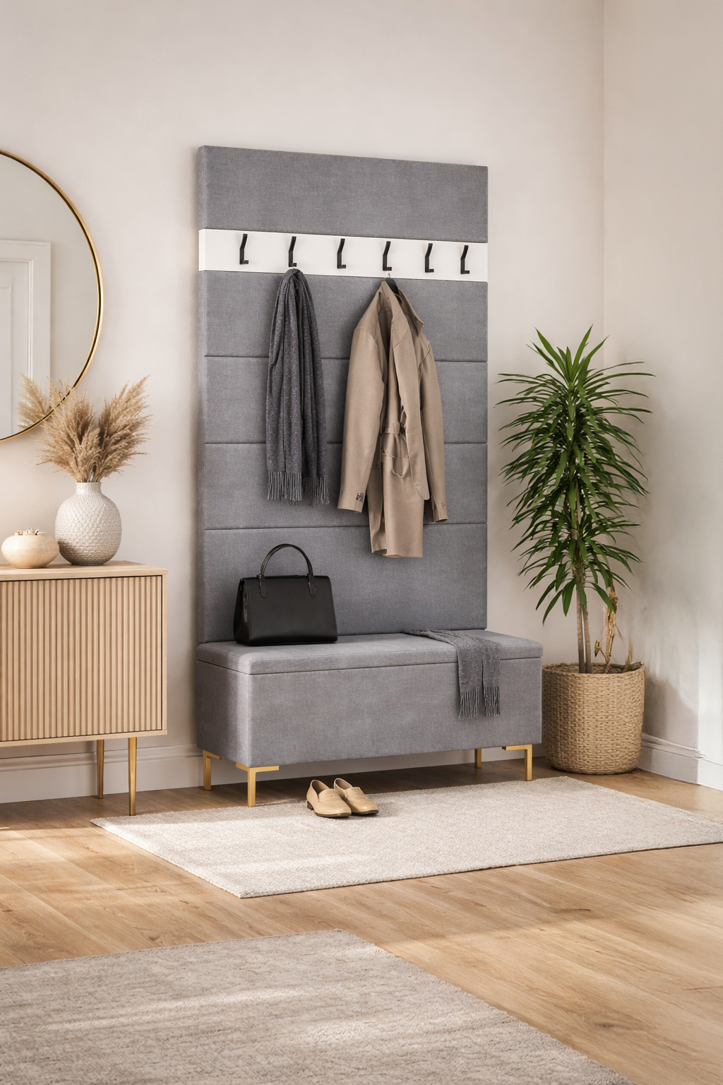 Zestaw Przedpokój LUI Szafka na Buty z Siedziskiem, Tapicerowane Panele i Wieszak Sztruks Szary POSO - obrazek 2